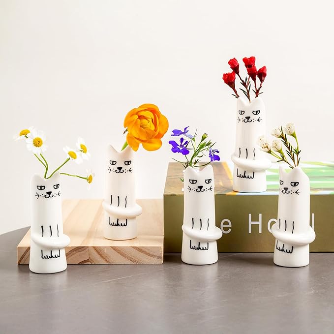 Set of 5 Cat Flower Vase Bud Ceramic Small Cute Mini Handmade Decor - Unique Modern Tiny Wedding Party Birthday Gift - Bulk Trendy Pretty Little Vases