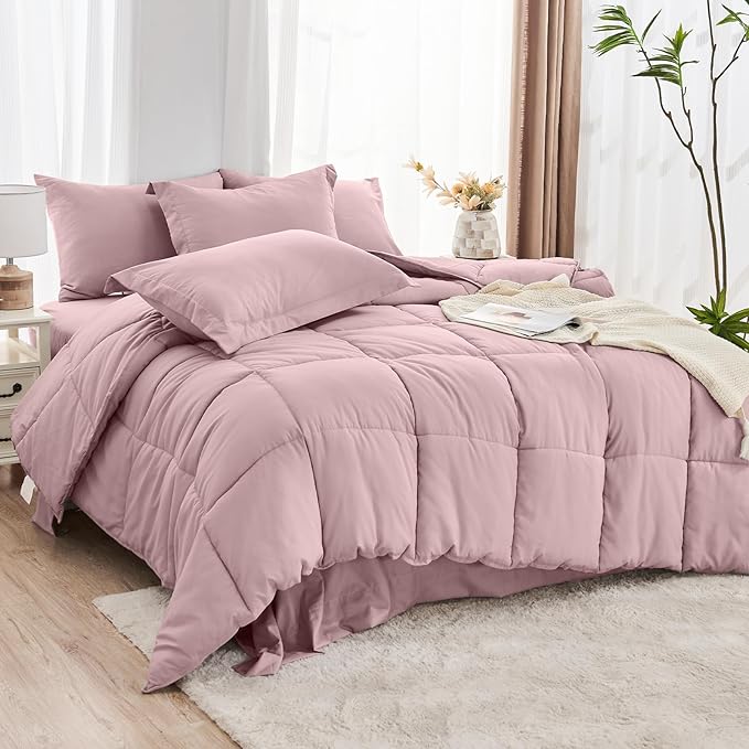 JOLLYVOGUE Queen Comforter Set, Ultra-Soft Bed in a Bag Queen Size 7 Pieces, Oeko-TEX Certified Bedding Set with Down Alternative Comforter, Sheets, Pillowcases & Shams, Camio Pink