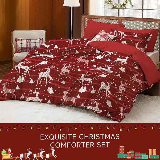 Christmas Comforter Set King Size,Red Christmas Bed Set with Reindeer Stars Bedding for Holiday, 3 Pieces 1 Reversible Comforter and 2 Pillowcases