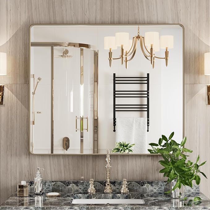Bronze Bathroom Mirror 30x36 Inch, Brushed Bronze Metal Frame Mirror for Wall, Rounded Rectangle Bathroom Vanity Mirror with Tempered Glass, Anti-Rust, Horizontal/Vertical