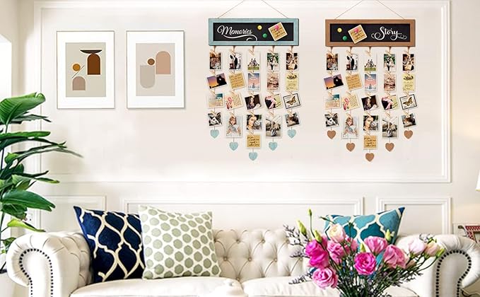 Picture Frames Collage Display Board with 30 Clips - Multi Photos Cards Organizer with Adjustable Twines and Magnetic Blackboard - DIY Wall Decor Hanging Picture Holder 15.7x5 Inches