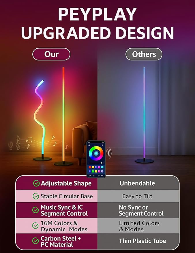 RGB LED Corner Floor Lamp, Smart Adjustable Shape, Music Sync, 16 Million DIY Colors, Remote & App Control, Modern Standing Light for Bedroom Living Room (Circular Base)
