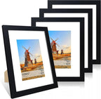 8x10 Picture Frame Set of 4, 8 x 10 Wood Photo Frames with Mat for 5x7, Wooden Frame with Real Glass Cover for Wall and Tabletop Display,Black