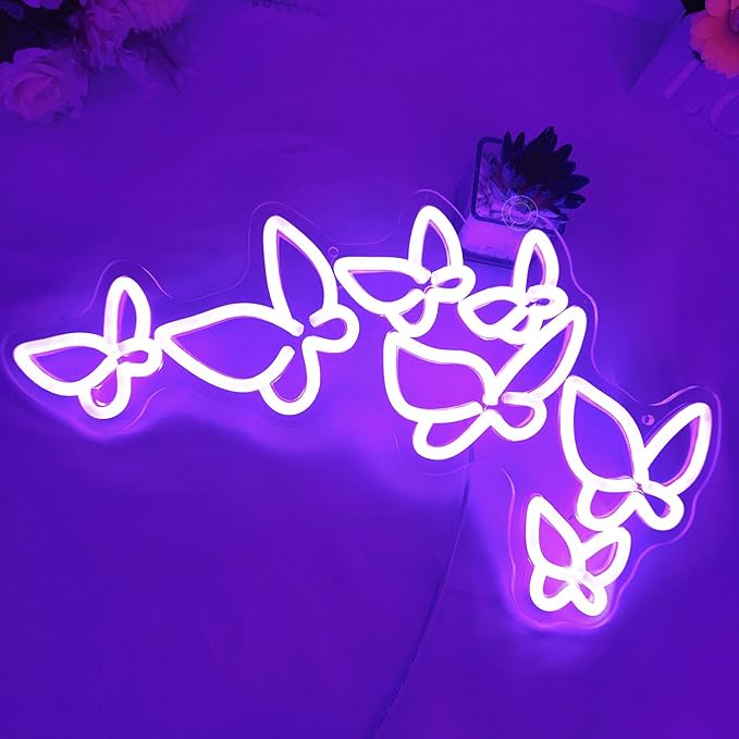 SYLHOME Butterfly Led Neon Light Sign Girls Bedroom Kids Room Beauty Studio Living Room Wedding Birthday Christmas Party Light Up Sign 16.5" X 8.9" USB