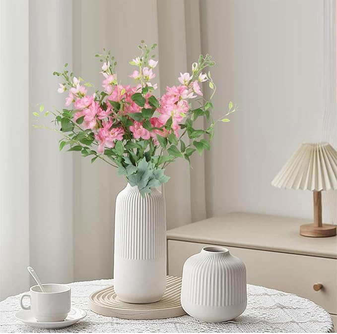 8PCS Pink Artificial Delphinium Flowers with Clematis Greenery Long Stem Artificial Flowers for Tall Vase for Home Wedding Floral Arrangement Centerpiece Table Decor (Pink)