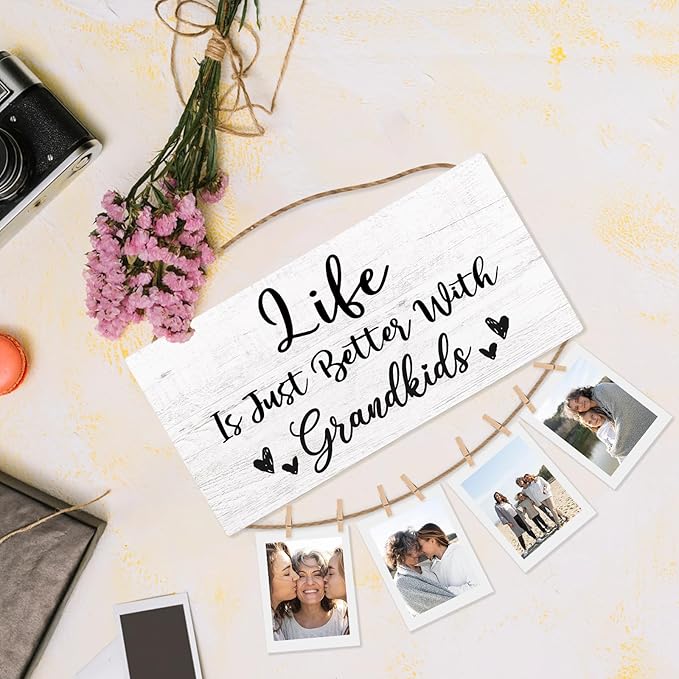 Grandkids Picture Frame Photo Holder for Wall, Grandparents Picture Frame, Grandma Grandpa Gifts, Grandparents Life is Better with Grandkids Hanging Photo Display