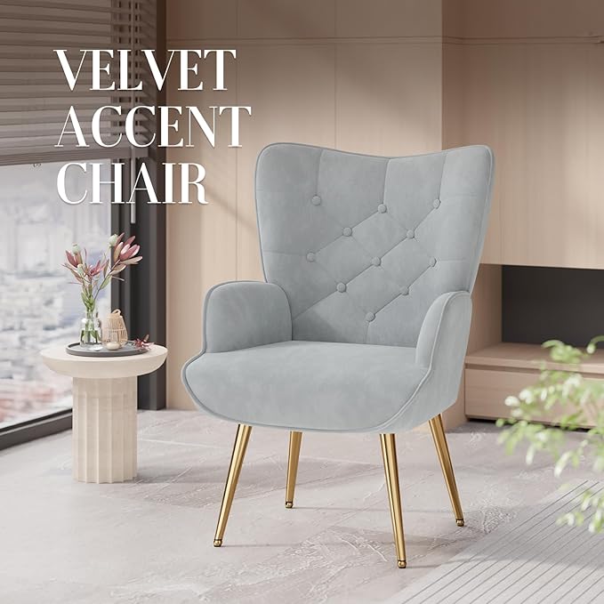 Nalupatio Mid Century Modern Velvet Accent Chair, Tufted Button High Back Chair, Upholstered Wingback Armchair with Metal Legs, High Back Side Chair for Living Room Bedroom, Grey