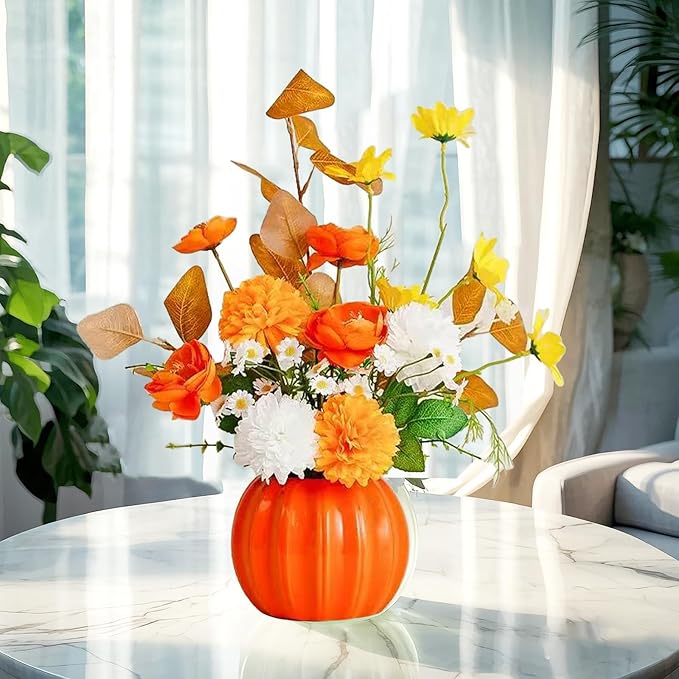 Artificial Flowers, Fake Flowers in Vase, Silk Flowers with Ceramic Vase, Faux Flowers Arrangement for Homes, Restaurants Decoration Dining Table Centerpiece Decor (Orange)
