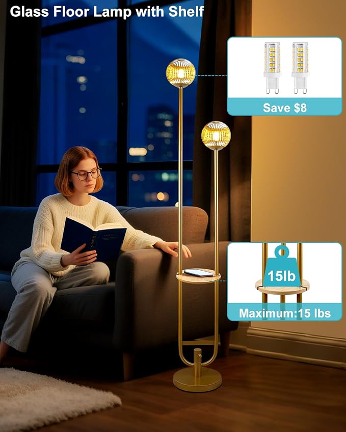 Lightdot Glass Floor Lamp with Tray, 2Pcs 3000K Soft Warm White Bulbs Included, Mid Century Modern Standing Lamps, Gold Dimmable Globe Floor Lamp for Living Room/Wedding/Party