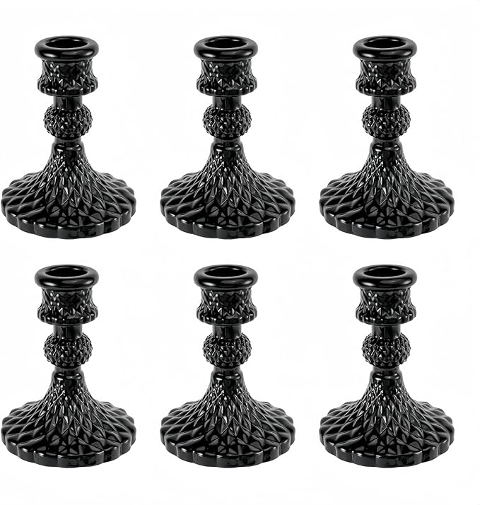 Glass Candlestick Holder,Striped Taper Candle Holders,Set of 6 Candle Stand for Table Centerpieces, Home Decor,Weddings,Festival and Parties (Black Diamond)