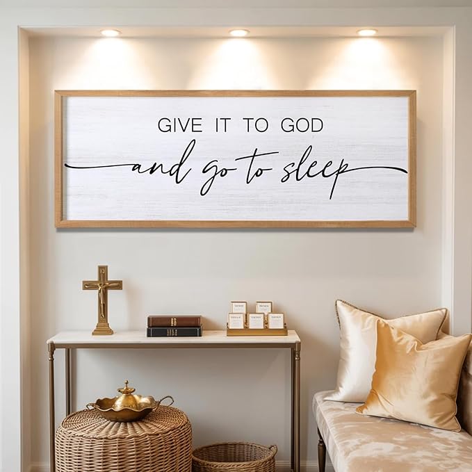 Give It to God and Go to Sleep Decorative Rustic Sign & Plaque Framed Wall Art for Couples, 40''×15'' Vintage Cottagecore Wooden Horizontal Wall Decor Above Bed, Farmhouse Wedding Gift for Bedroom