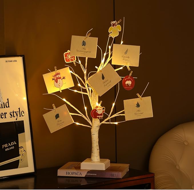Money Tree Gift Holder, Pre-lit Birch Tree, Battery/USB Powered Light Up Display Twig Gift Card Treelight with 22 Clips and 6 Cards for Home Christmas Graduation Photo Memo