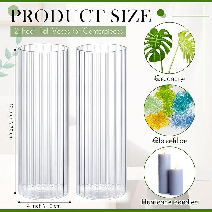 2 Pcs 12 Inch Tall Glass Ribbed Cylinder Vases Clear Floating Candle Flower Vase in Bulk, Hurricane Candle Holder for Wedding Housewarming Gift Table Centerpieces