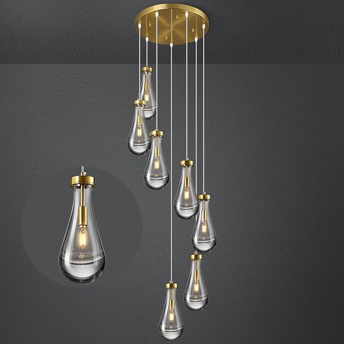 Raindrop Pendant Lights Kitchen Island Teardrop Gold Hanging Light Fixtures Clear Solid Glass Pendant Light Modern Chandeliers for Dining Room Porch Corridor Living Room(7-Light)