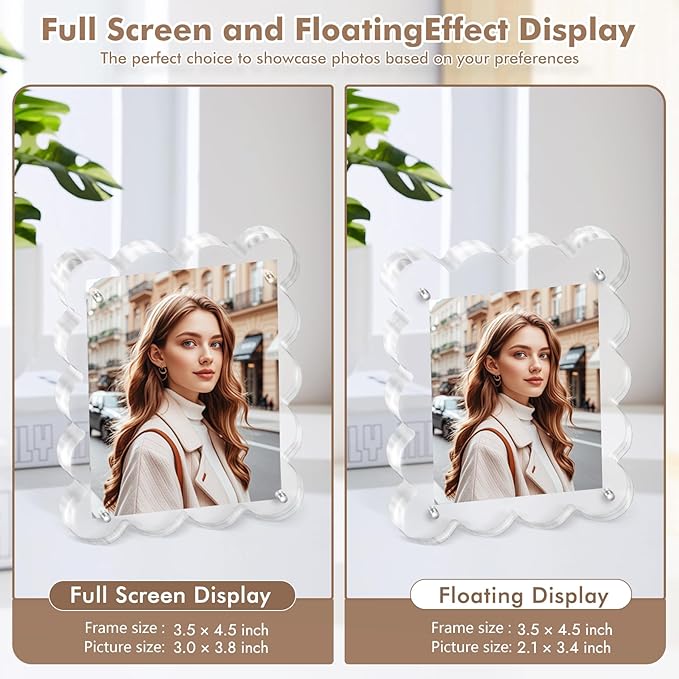 Acrylic Photo Frame 2×3inch - 3Pack Magnetic Picture Frames with 10+10mm Thick Block, Scalloped Edge Design, Double-Sided Magnet Frames for Modern Desktop Display (Clear, 2x3)