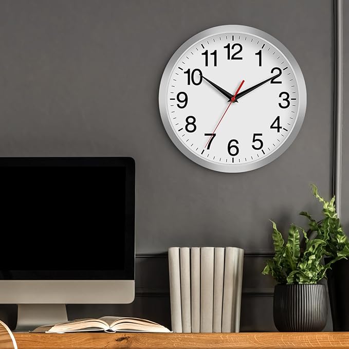 14 Inch Wall Clock Modern Battery Operated Silent Non Ticking Analog Clock Decorative for Bedroom Kitchen Bathroom Office Home Living Room (Silver)