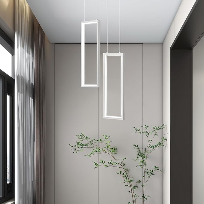 Modern Kitchen Pendant Light Fixture White 18W LED Pendant Light 2 Rings Rectangle Chandelier Pendant Lighting for Kitchen Island Living Room Dining Room Bedroom