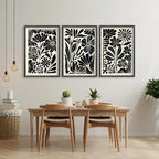 Abstract Floral Botanical Wall Art 16x24 Inch 3 Piece Black Vintage Boho Plant Flower Minimalist Wood Frame Sign Home Living Room Family Office Mid Century Print Wall Hanging Decor (Black)