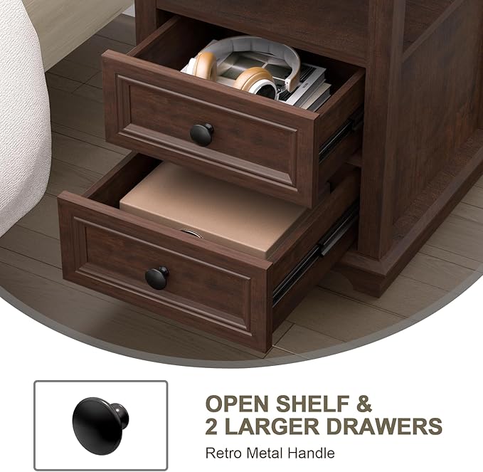 24" Tall End Table with Charging Station, Double 18W Fast Charge End Table, Large 18” Bedside Table with Drawers,Rustic Wood Storage Cabinet with Open Shelf for Bedroom,Cherry