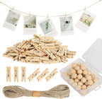 100 Pcs Wooden Clothespins for Photo Hanging Display, Mini Clothes Pins with String, Photo Display Hanging Clips for Crafts Pictures Photos Home Birthday Wedding Party Decoration