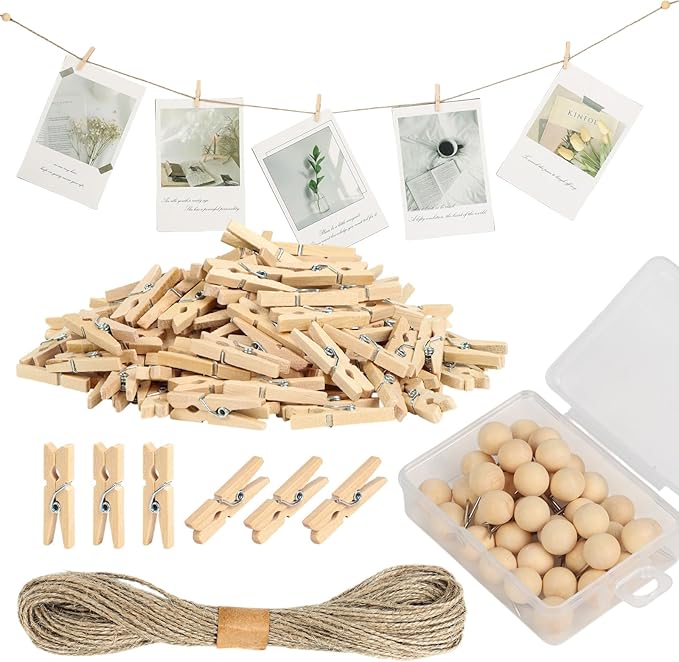 100 Pcs Wooden Clothespins for Photo Hanging Display, Mini Clothes Pins with String, Photo Display Hanging Clips for Crafts Pictures Photos Home Birthday Wedding Party Decoration