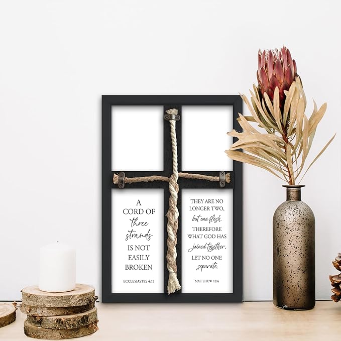flowtorely A Cord of Three Strands Wedding Ceremony Unity Wall Decor 15"X10" Matthew 19 6 Christian Marriage Prayer Cross Sign Framed Wall Hanging Art (Black)