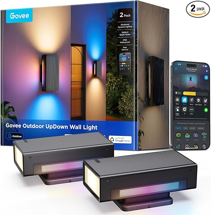 Govee Outdoor UpDown Wall Light, 2 Pack, 1200LM RGBICWW Smart Porch Lights Outdoor with 64 Scene Modes, IP66 Waterproof Wall Sconce for Outdoor Decor, Works with Alexa, Google Assistant and Matter