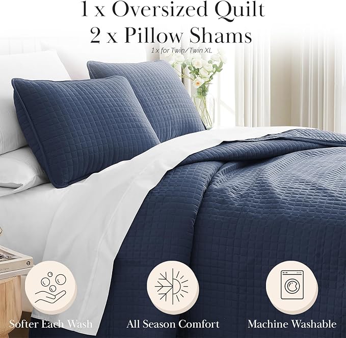 Southshore Fine Living, Inc. Summer Quilt Queen Size/Full Size Bedding Set, Wrinkle-Free Stain & Pet Hair Resistant Bedding, Easy Care Coverlet Queen Size Light Quilts with 2 Pillow Shams, Dark Blue