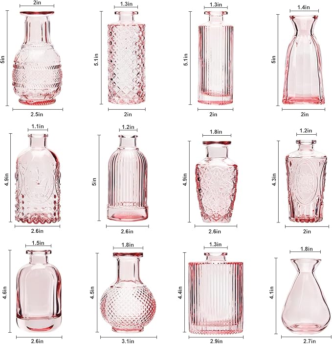 RUCKAE Pink Flower Vase in Bulk 22 Glass Bud Vases Vintage Small Vases for Centerpiece Table Wedding Decorations Home Decor Party (Pink)