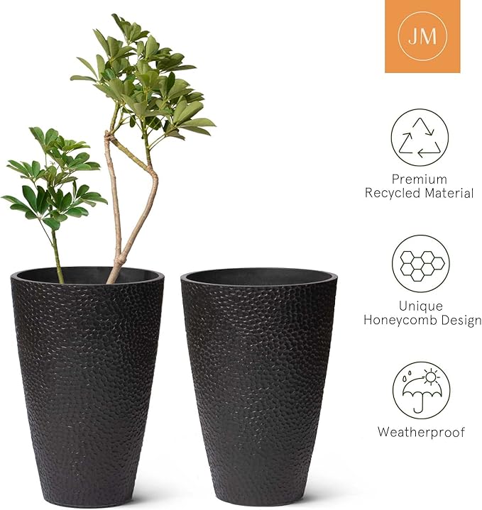 LA JOLIE MUSE 20inch Tall Black Planters Set of 2,Large Planters for Outdoor Plants,Flower Containers for Front Porch, Honeycomb