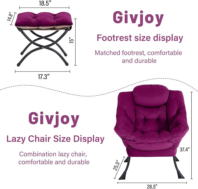 Lazy Chair and Ottoman, Large Accent Lounge Chair with Armrests and a Side Pocket, Modern Leisure Upholstered Sofa Reading Armchair with Footrest for Bedroom, Living Room, Dorm Rooms, Office