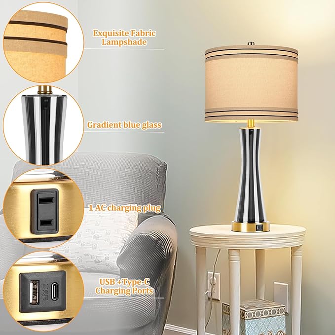 27.4''Table Lamps for Living Room Set of 2，3-Way Dimmable Modern Glass Bedside Lamps with USB Ports，Tall Lamps for Night Stands，Touch End Table Lamps for Bedroom Desk Lamps for Home Office（Grey）