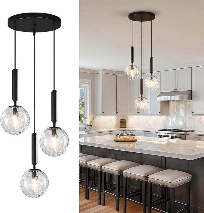 Mid Century Globe Pendant Light with Clear Glass for Kitchen Island Modern Balck Finish Hanging Light Fixture Retro Round Pendant Lighting for Living Room Bedroom Entryway(3 Lights)