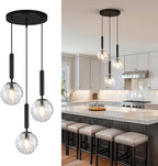 Mid Century Globe Pendant Light with Clear Glass for Kitchen Island Modern Balck Finish Hanging Light Fixture Retro Round Pendant Lighting for Living Room Bedroom Entryway(3 Lights)