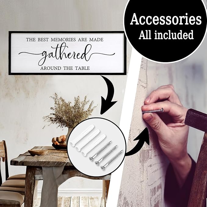 The Best Memories are Made Gathered Around The Table Sign Framed Wall Art, 40''×15'' Rustic Horizontal Plaque with Black Frame for Dinning Living Room, Long Home Family Wood Sign Wall Decor
