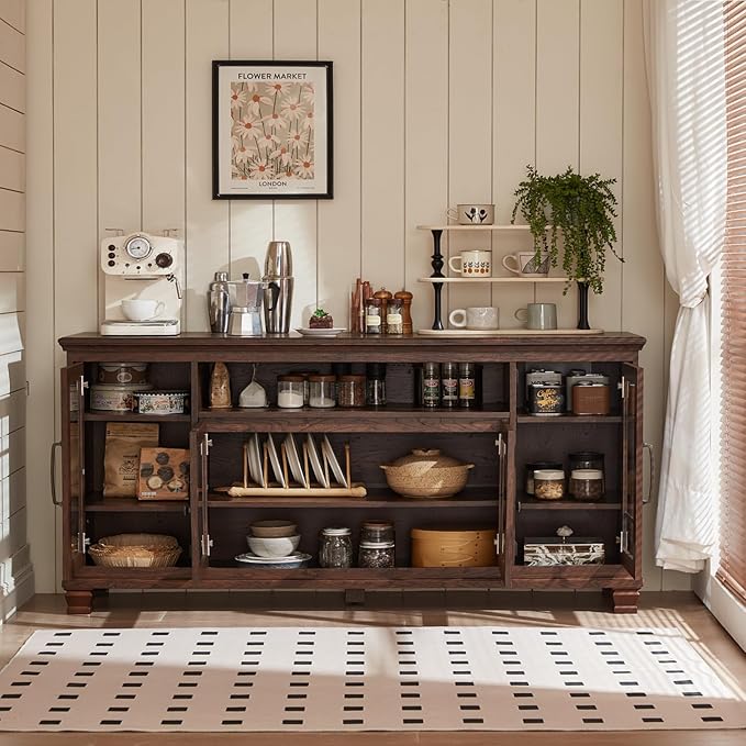 Large Sideboard Buffet Cabinet with Storage, Vintage Walnut Farmhouse 60" Wide Credenza Accent Cabinets with Glass Doors & Wood Legs, Kitchen Coffee Bar Table for Dining Room, Living Room