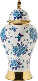 Ginger Jars for Home Decor, White and Gold Vase, Porcelain Ginger Jar Chinoiserie Blue and White Vase with Gold Trim and Floral Pattern, Ceramic Flower Vase for Home, Temple and Storage Jars(12in)