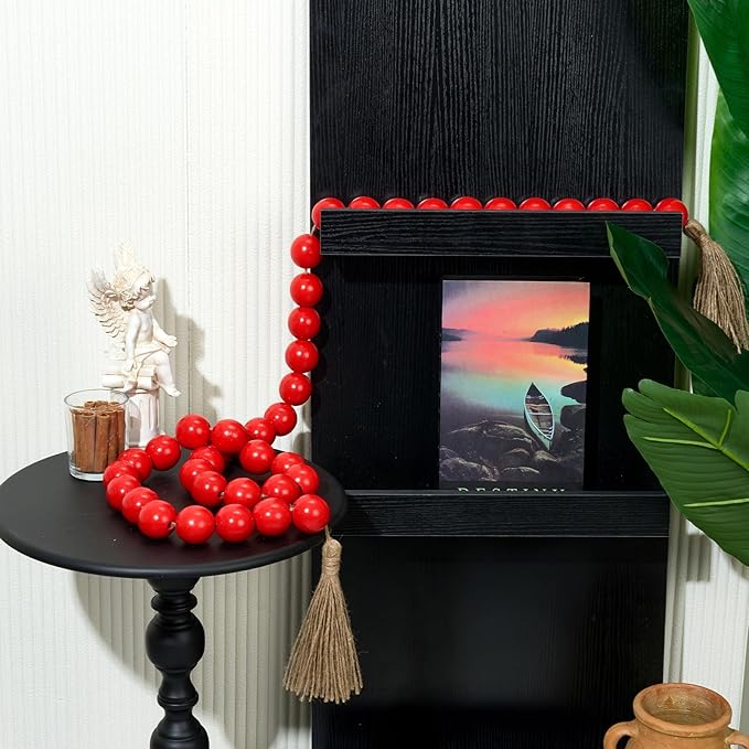 OMISHE 76" Long Large Wood Bead Garland with 1.6" Diameter Wooden Beads and Tassels, Rustic Farmhouse Country Wood Beads Garland for Home Tiered Tray Decor, Decorative Beads with Tassels Red