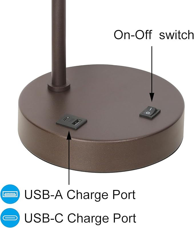 XiNBEi Lighting Table Lamp USB Desk Lamp with Fabric Shade, Modern Bedside Iron Lamp Dark Bronze Finish for Bedroom Living Room & Office XB-TL1230-DB