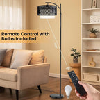 Arc Floor Lamp for Living Room,Farmhouse Floor Lamps with Remote Control & Dimmable Bulb,Black Rattan Boho Tall Standing Lamp for Bedroom Office