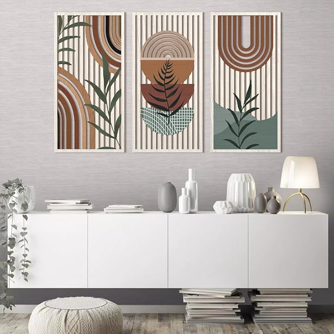 IARTTOP Large Abstract Geometric Wood Boho Wall Art Boho Wall Decor Set Mid Century Modern Wooden Wall Decor Bohemian Wall Art For Bedroom Living Room Office 16"x32"