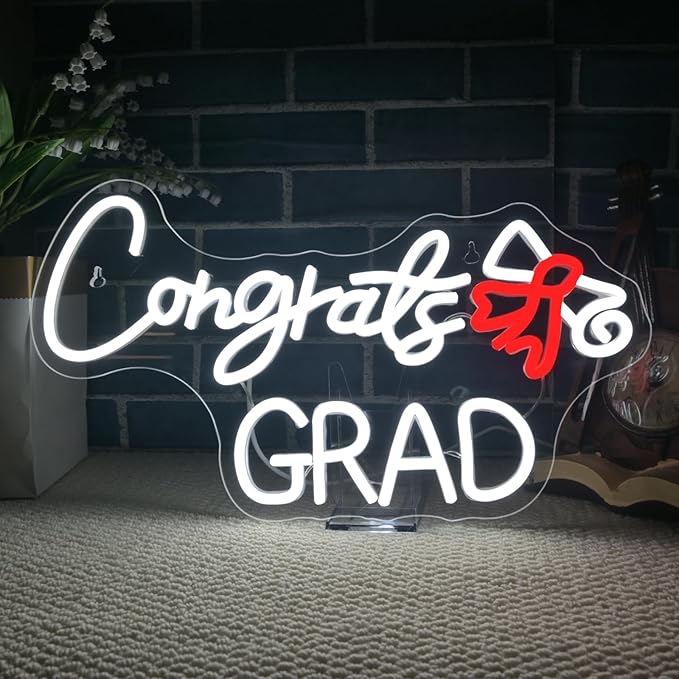 WLHOPE Congrats Grad Neon Sign with Scroll 16.54'' x 9.45'' Graduation Decorations 2025 Adjustable White Red LED lights for Party College High School Class Graduation Gifts