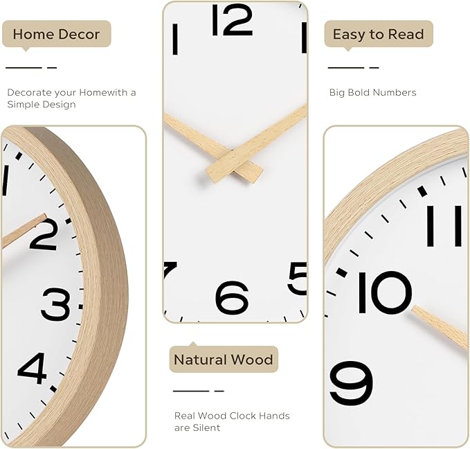 AKCISOT Wall Clock 14 Inch,Boho Large Wall Clocks Battery Operated Non Ticking,Big Silent Modern Clock Decorative for Living Room,Bedroom,Office,Home(Wood Grain)