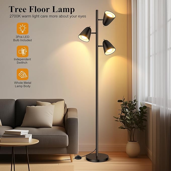 QiMH Tree Floor Lamp with 3 Light Bulbs, Standing Tall Pole Lamps for Living Room Bedroom Office, Reading Stand up Lamps with 3 Adjustable Arms, Black