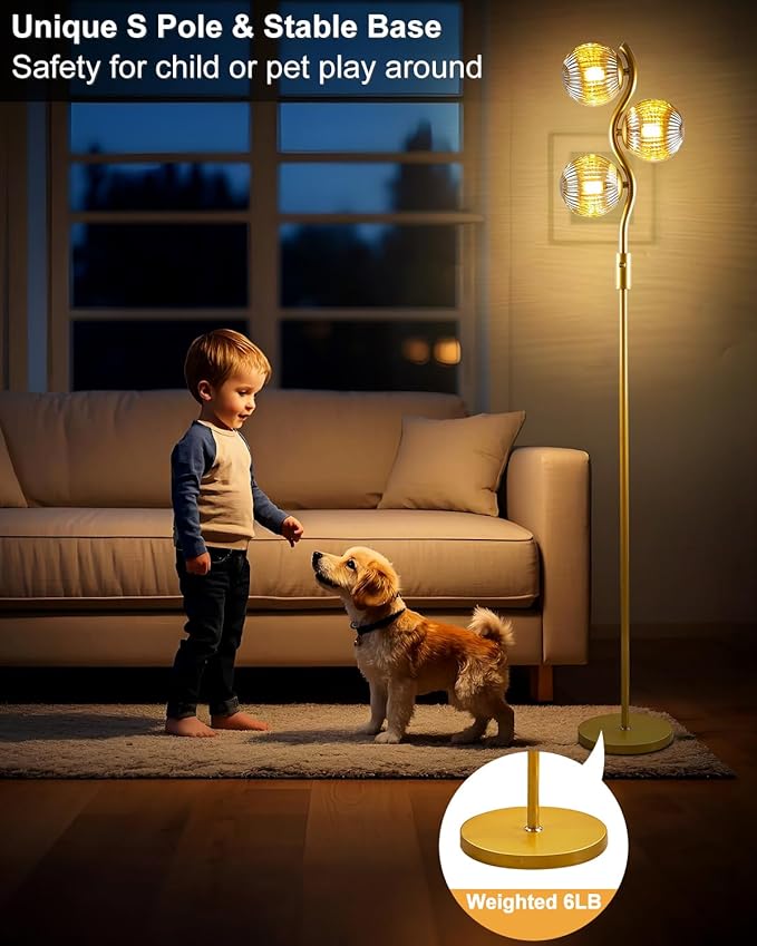 Lightdot 60IN Dimmable Gold Floor Lamp with 3 Glass Globe Mid Century Standing Lamps with 3Pcs 3000K Soft Warm White G9 Bulbs Stepless Brightness Adjustable Modern Tall Lamp for Bedroom Office