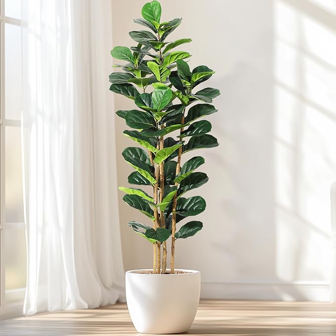 GarveeHome 6 ft Faux Fiddle Leaf Fig Tree with White Pot, Faux Trees with Artificial Plants 74 Fiddle Leaves Greenery - Lifelike Fake Tree for Home Office Store Room Decor Indoor Outdoor