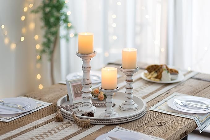 Romadedi Wood Candle Holders for Pillar Candles - Set of 3 Tall Farmhouse Wooden Candlestick Holder, Rustic Candle Stand for Fireplace Mantle Shelf Table Home Decor, Brown Whitewashed 6"/ 8.3"/11.8"