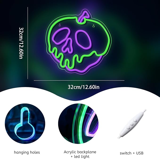 WLHOPE Halloween Neon Sign Dimmable Skull Apple Neon Signs for Wall Decor Halloween Led Lights Decor USB Connectivity Apple Led Lights Light Up Signs for Bedroom Bar Man Cave Club Pub Shops Halloween Party Decoration 12.6x12.6in