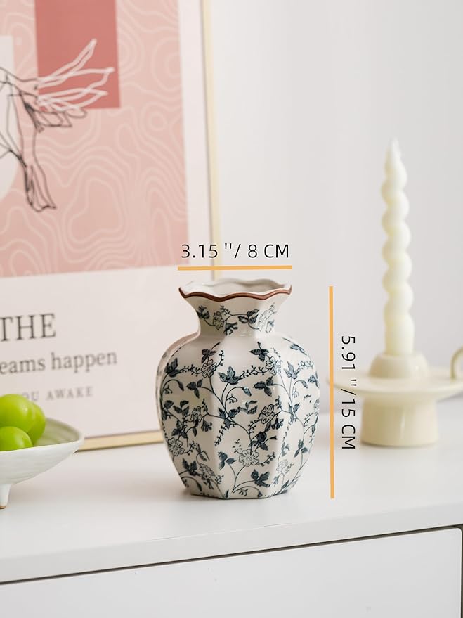 Blue and White Vase, Vintage Blue Ceramic Flower Vessel,Ceramic vases for Home Decor,Vintage Green and Beige for Console Table Mantle Chinoiserie Decor (Retro-01, Small)