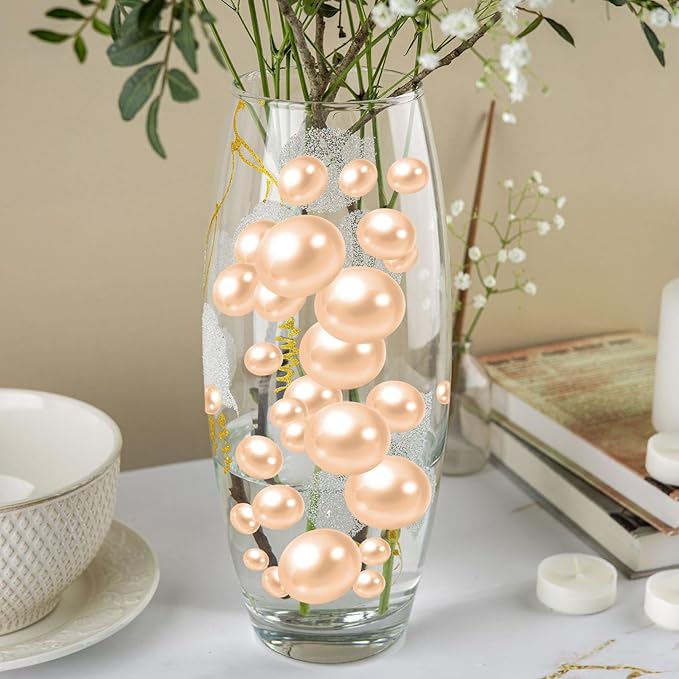 100PCS Champagne Faux Pearls Beads for Centerpiece Vases, Vase Filler Faux Pearls, No Holes Filler Beads for Party Anniversary Birthday Wedding Table Decor, 14/20/30mm